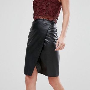 New Look Faux Leather Wrap Front Midi Skirt